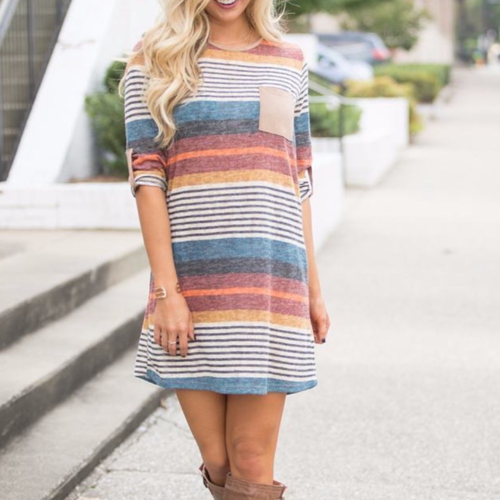 Navy blue, red, orange, beige striped fall colored dress